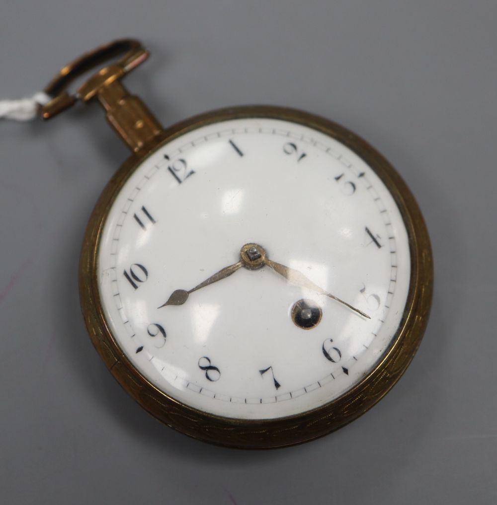 A late 18th / early 19th century gilt metal keywind verge pocket watch by William Orpwood, Ipswich, with Arabic dial.